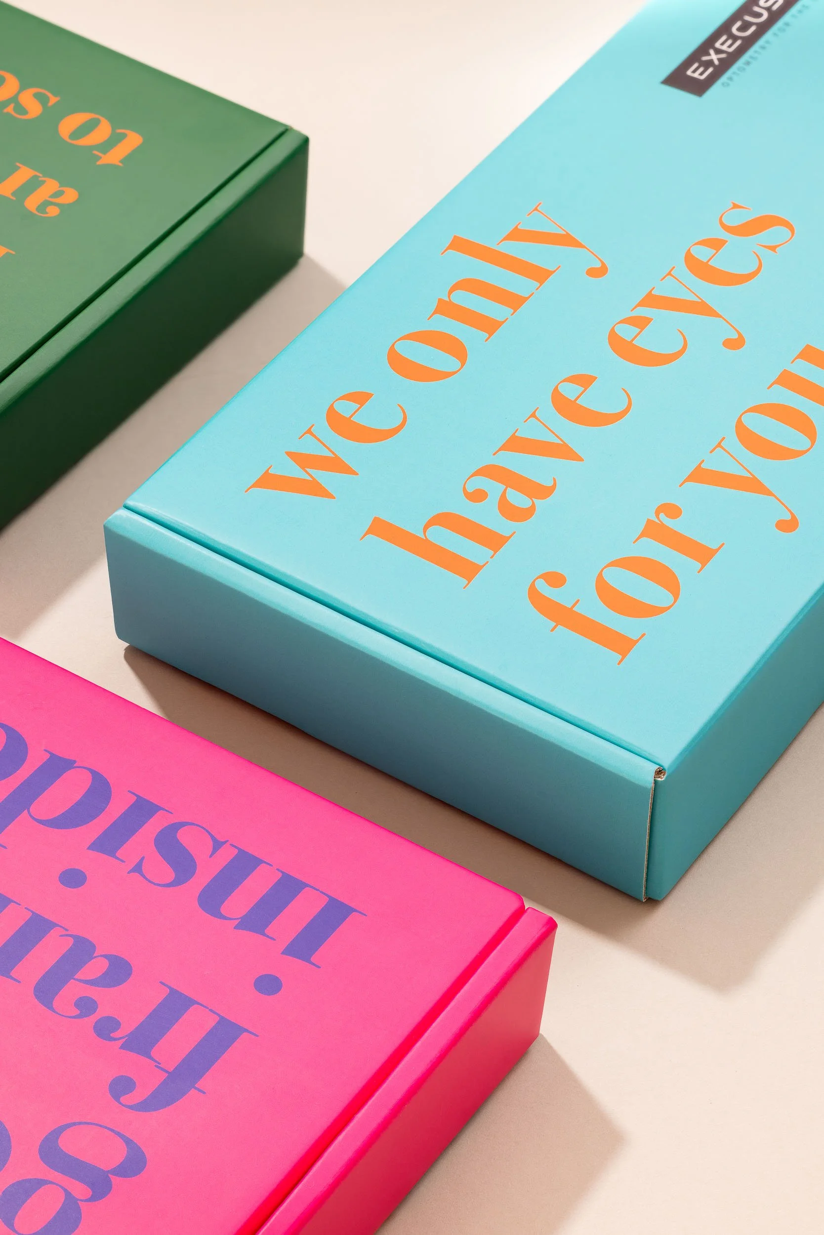 Colorful boxes with motivational messages in bold, contrasting text. The blue box says "We love you, always," and the pink box says "shout."