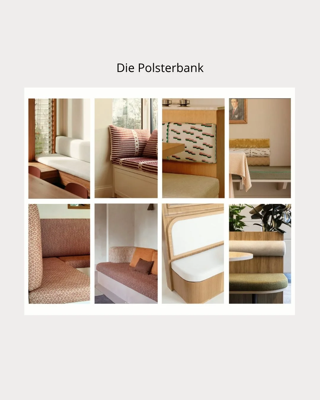 Wo passt eine Polsterbank hin?

Eingangsbereich. Essbereich. Loungebereich.

Drei Orte. Drei Atmosph&auml;ren. Unendlich viele M&ouml;glichkeiten.

&rarr; Swipe f&uuml;r Inspirationen 👉

&mdash;

Bei jedem Projekt beginne ich mit Referenzbildern &md