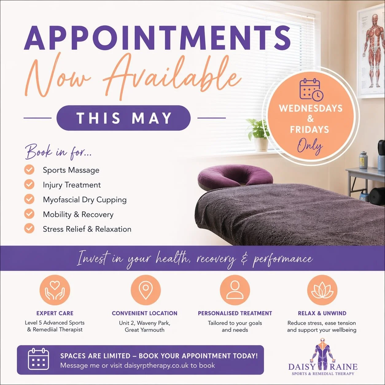Book online at https://www.daisyrptherapy.co.uk

I can&rsquo;t believe it&rsquo;s been two months since I returned to work after such a long maternity leave! It&rsquo;s been great catching up with my clients and getting them back on track! Appointmen