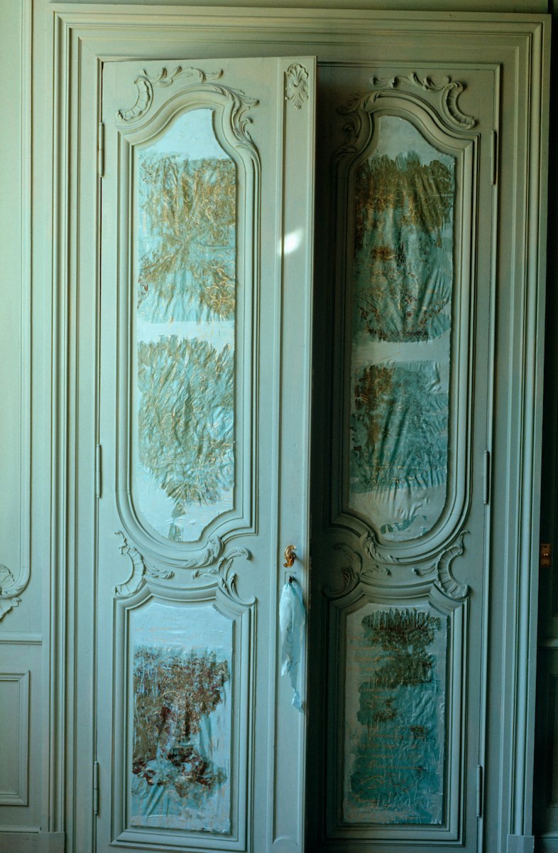 rusted silk scripts, chateau d'Outrelaisse, from Unwrapped, photo by Jacques Dirand, book available on catalogue page