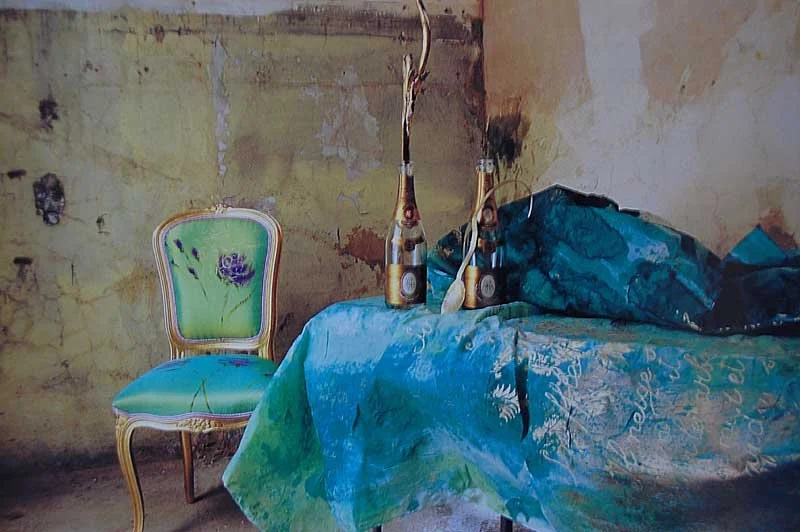 collages, rusted silks and hand painted taffettas on a Louis chair, from Unwrapped, published 1997, available on catalogue page