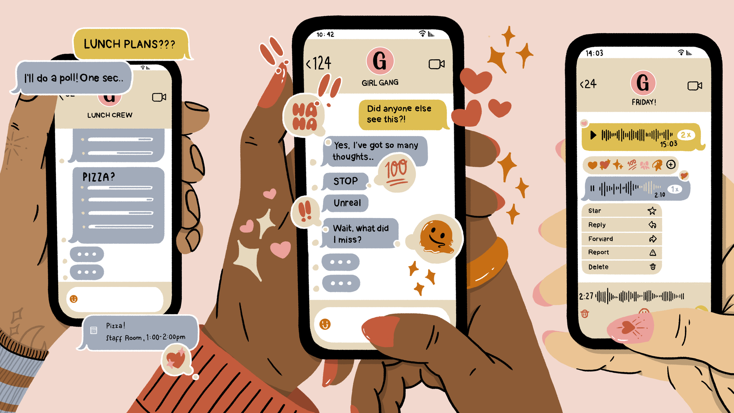Editorial illustration of a girl's group chat.