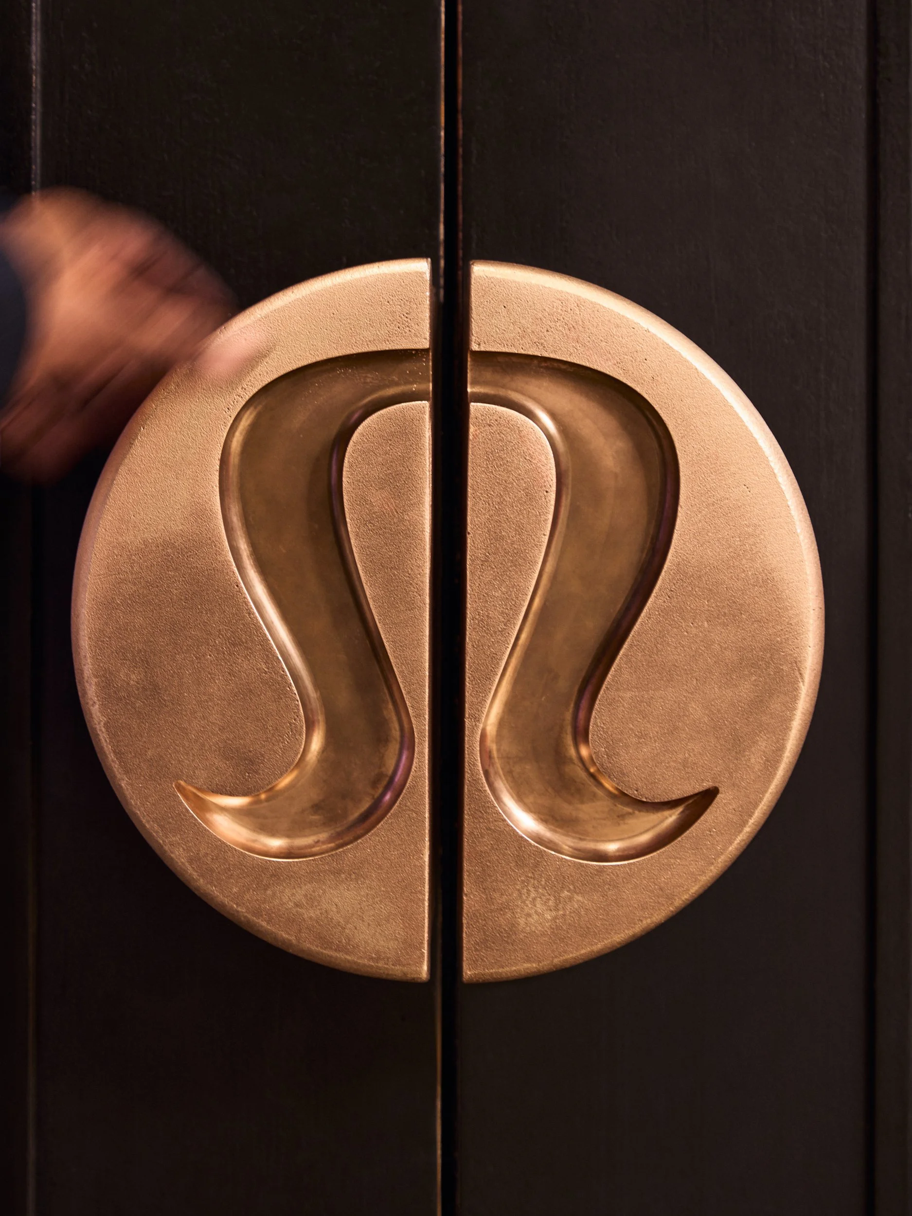 Close-up of a door with a round metallic door handle in the shape of the letter 'C'.