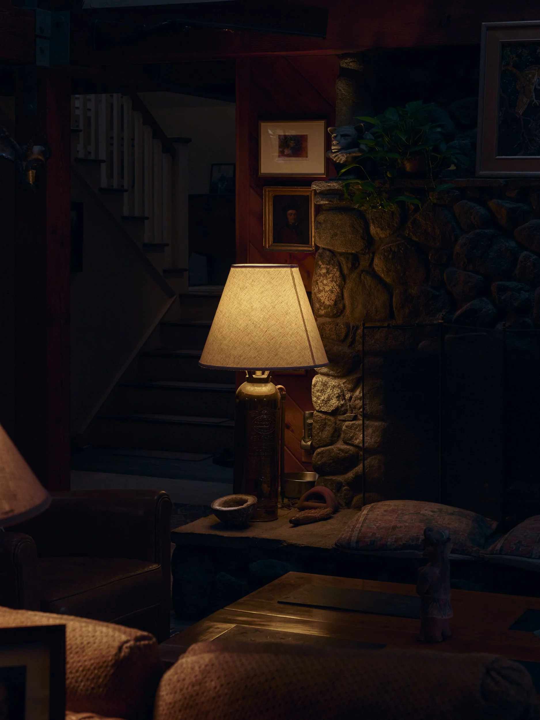Dimly lit cozy living room with a floor lamp casting a warm glow, stone fireplace, plants, artwork, and furniture.