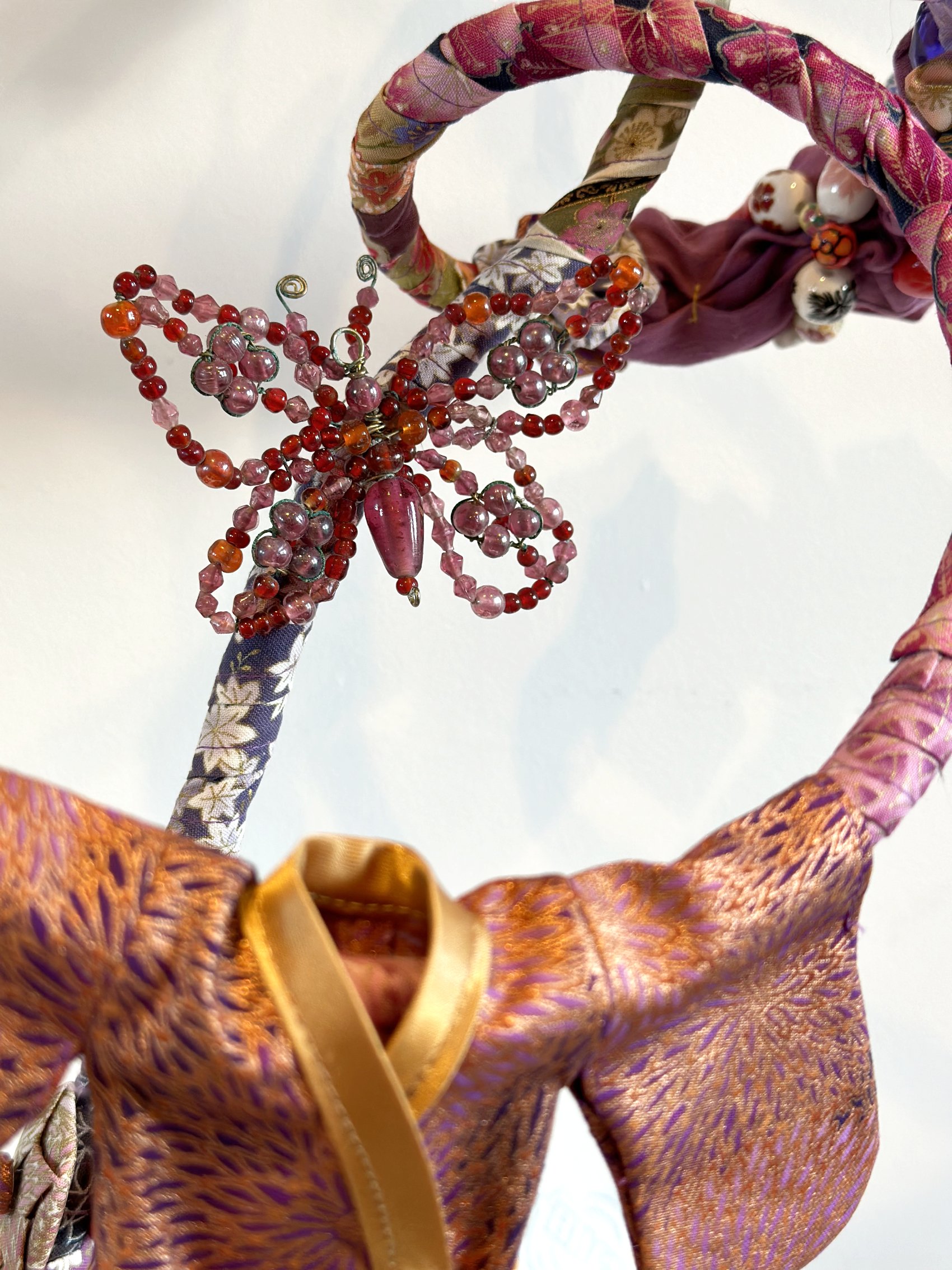 Japanese Garden (Spring), textile sculpture in spring blossom colours and close up of bead butterfly.