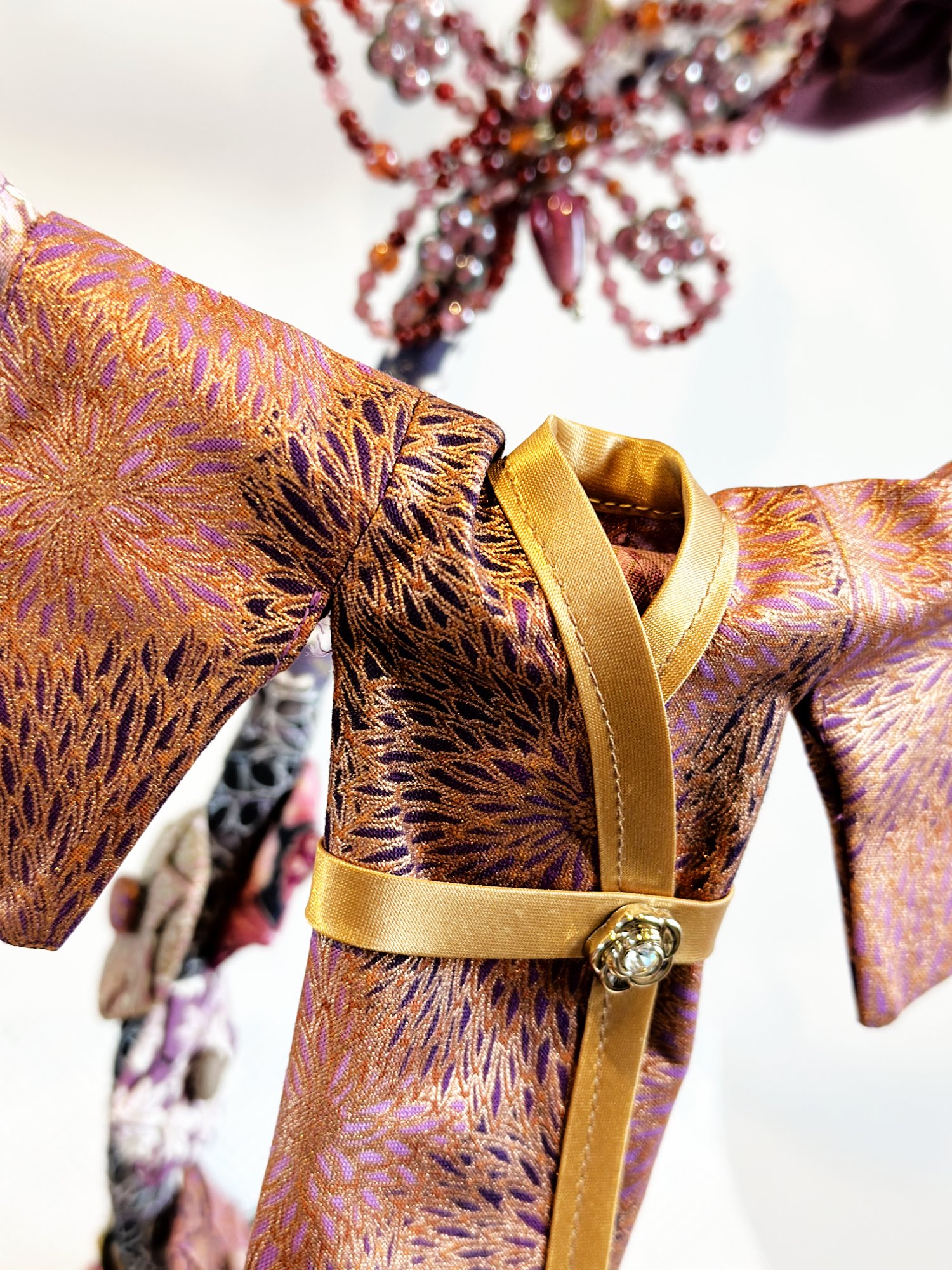 Japanese Garden (Spring), textile sculpture in spring blossom colours with close up of mini kimono.