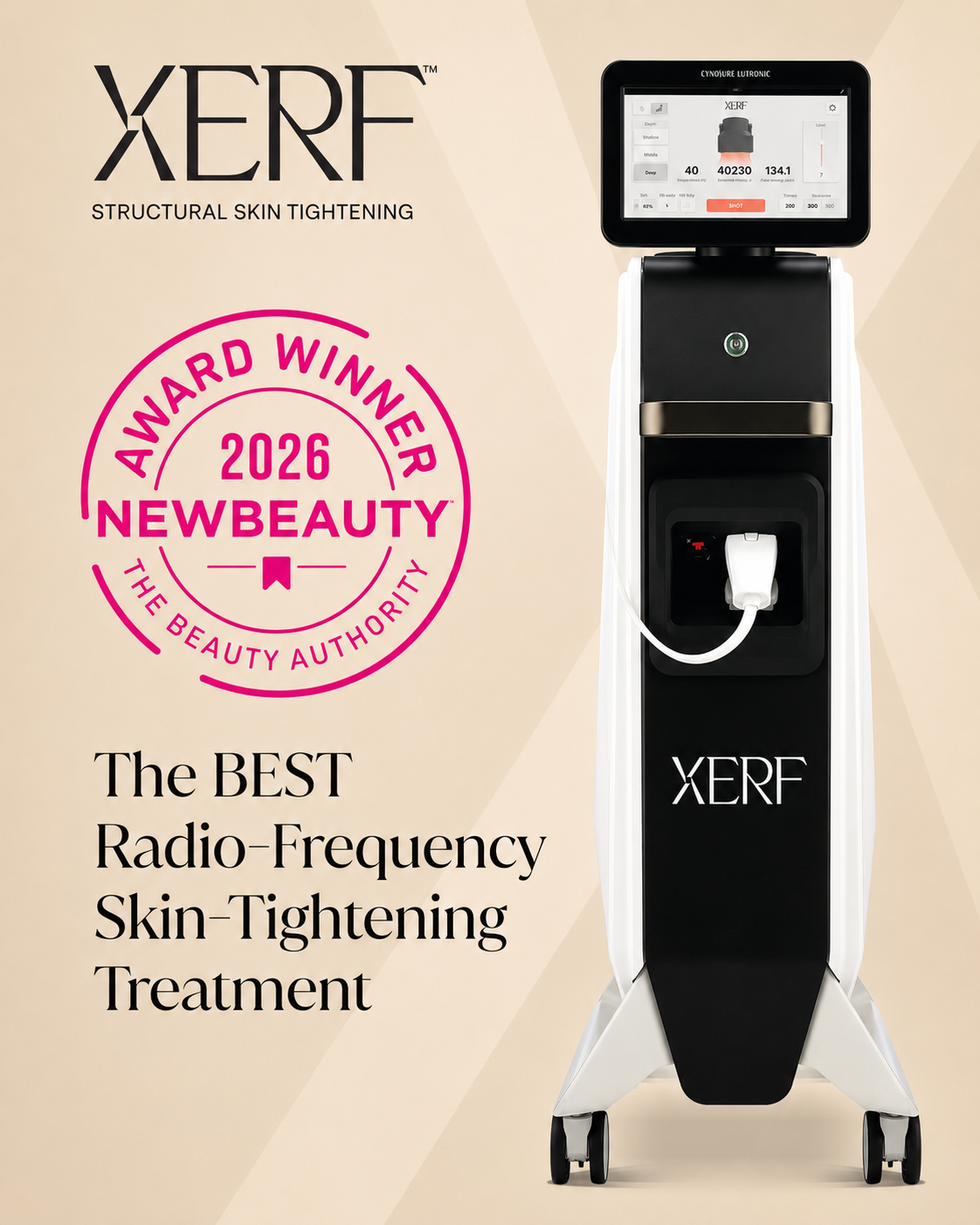 XERF radiofrequency skin tightening treatment device at Skincentrix Wellness Haus, featuring the 2026 NewBeauty Award for Best Radiofrequency Skin Tightening Treatment.