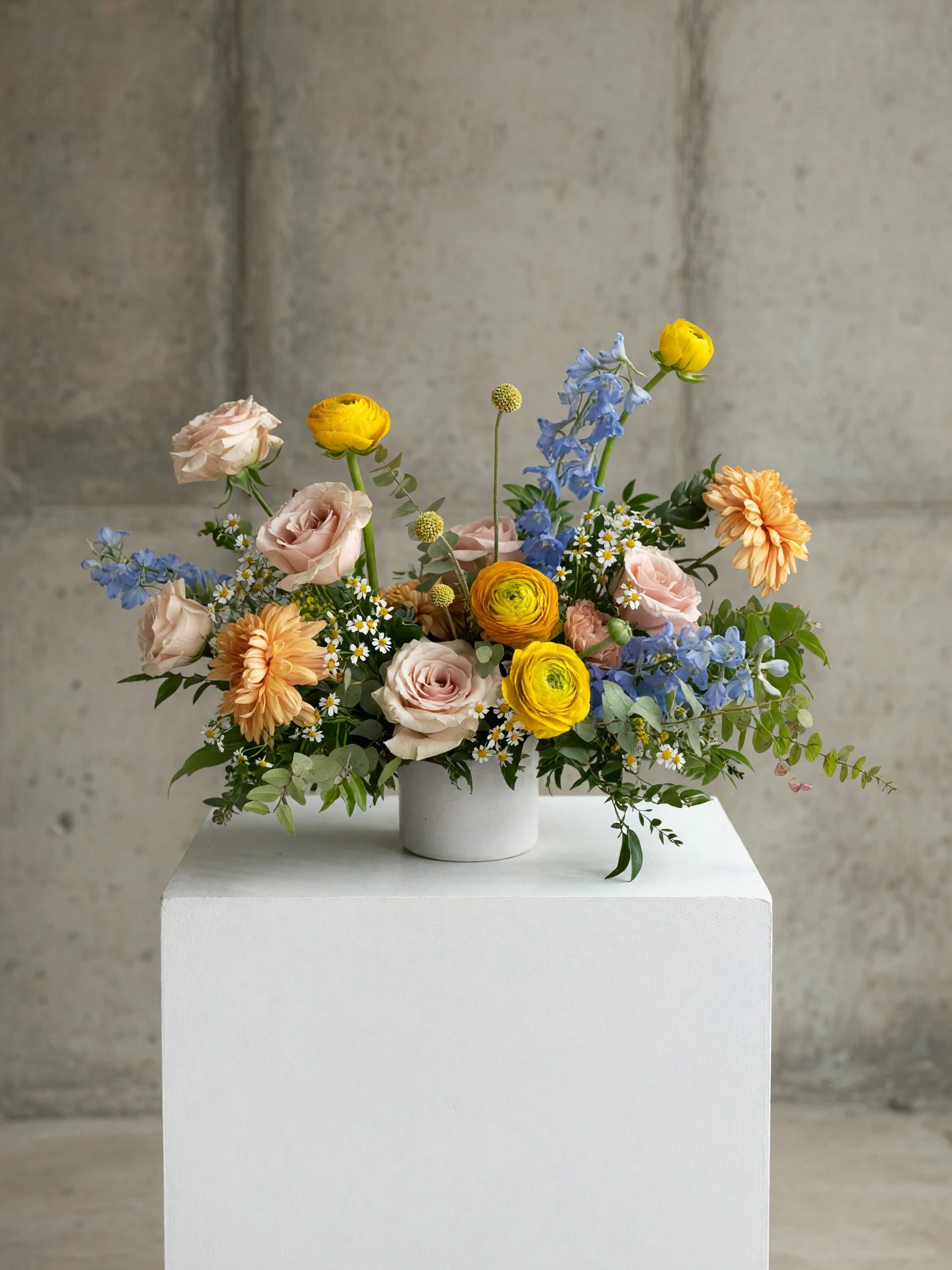 A floral arrangement in a white ceramic vase, featuring pink roses, yellow ranunculus, blue delphiniums, small white daisies, and green foliage, set against a gray concrete wall background.