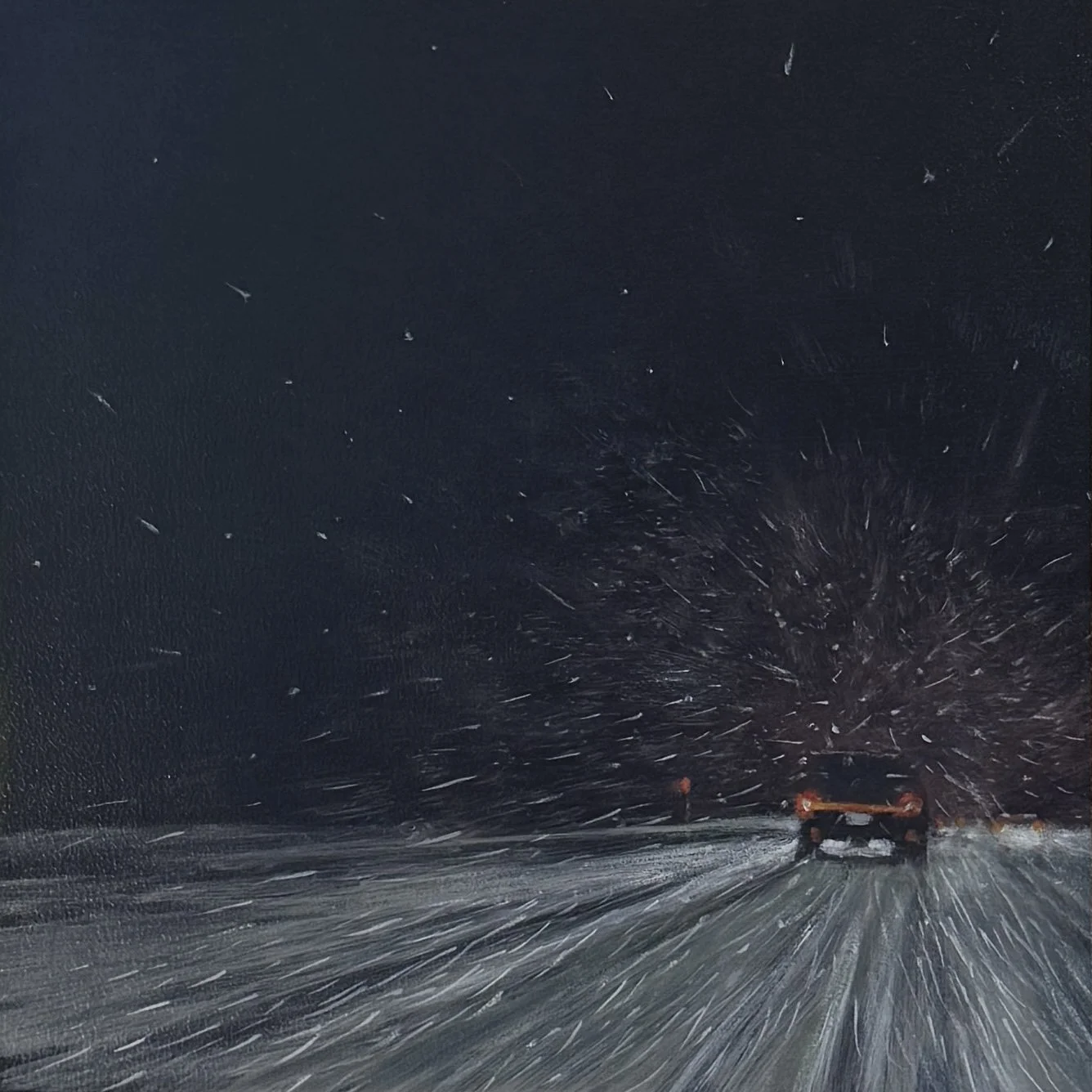 Driving on Route 6 in the Snow, oil on panel, 10"x10"