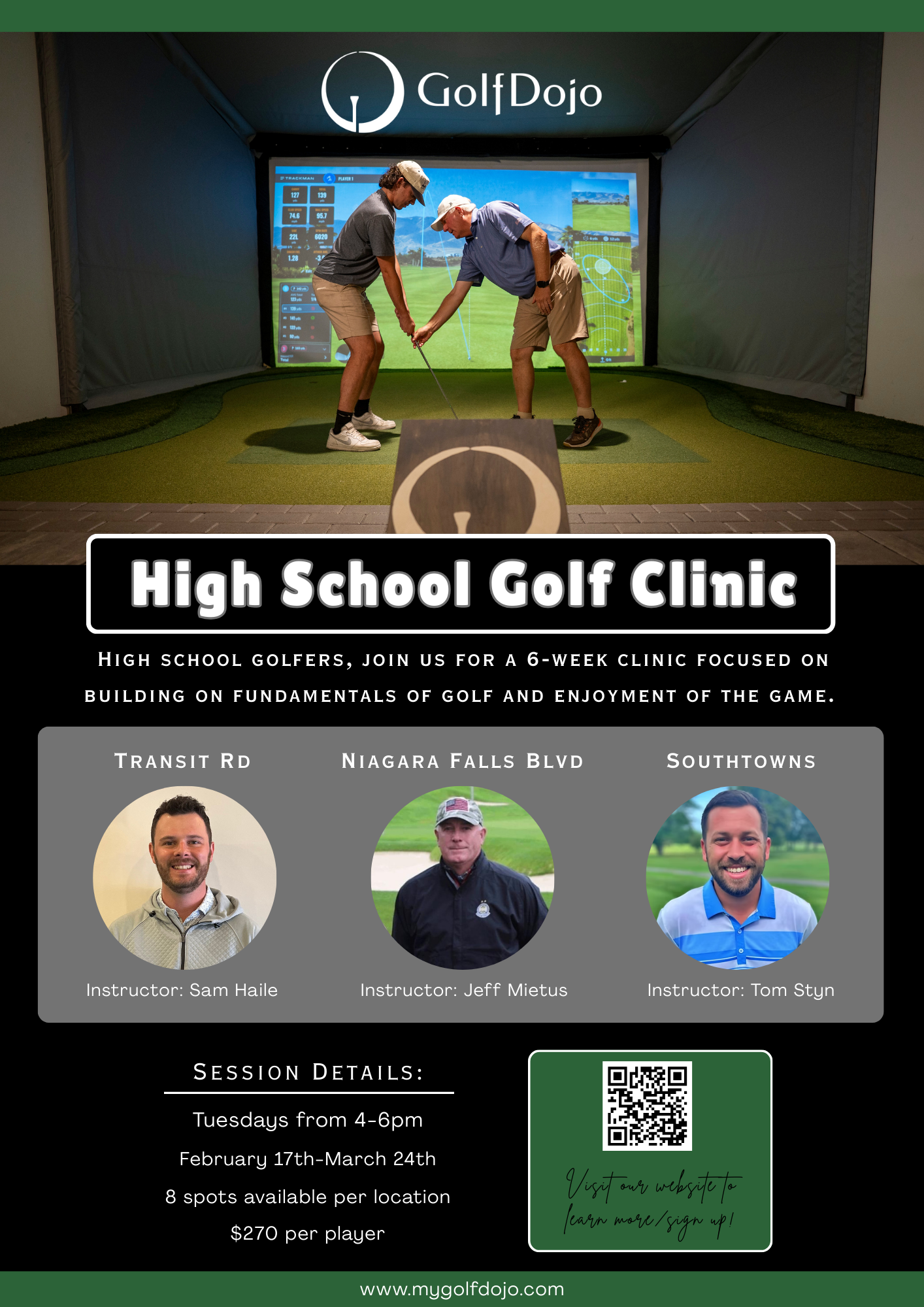 Flyer for High School Golf Clinic hosted across all three GolfDojo locations starting February 17th
