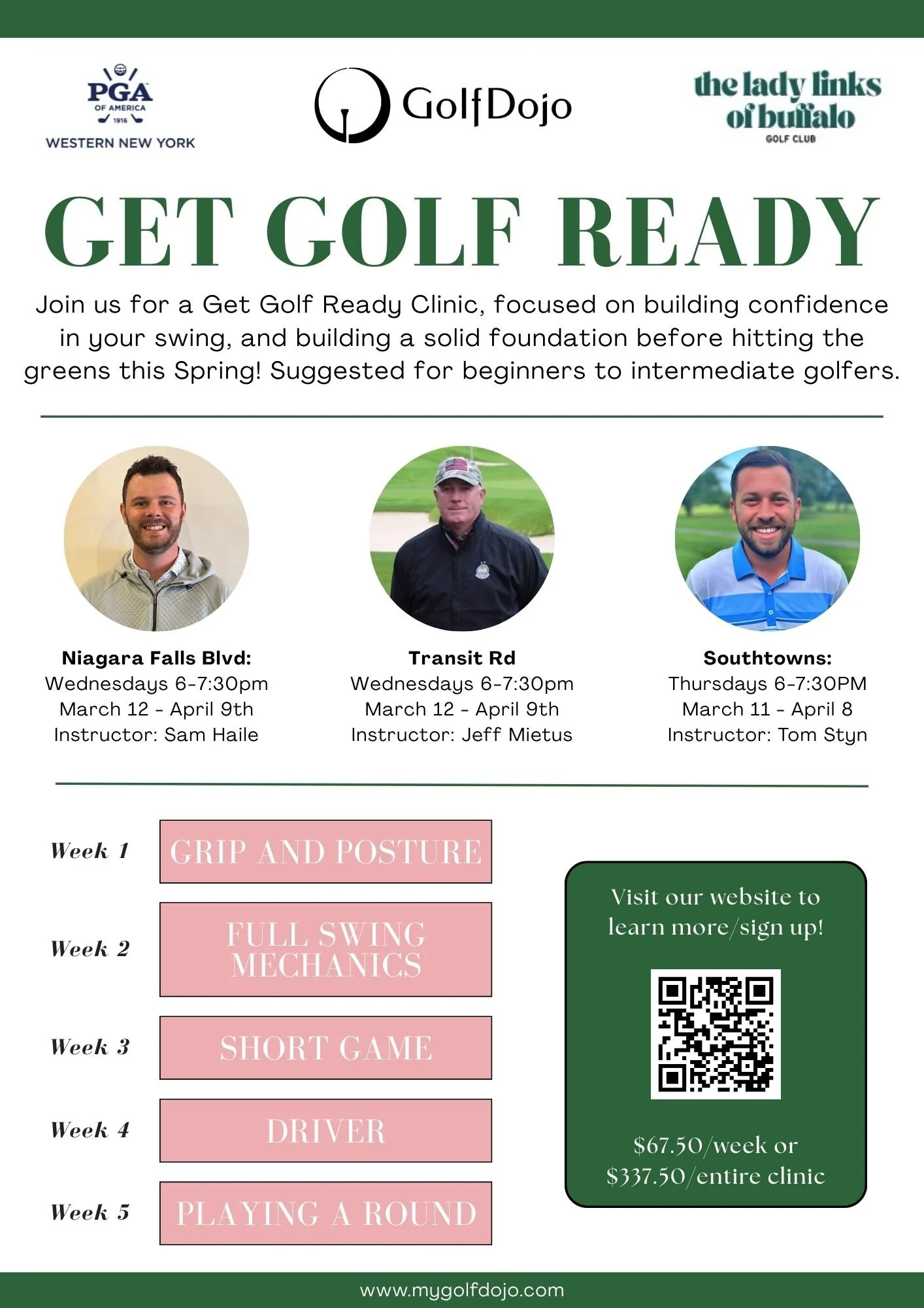 Flyer for Get Golf Ready Clinic hosted across all three GolfDojo locations starting March 17th