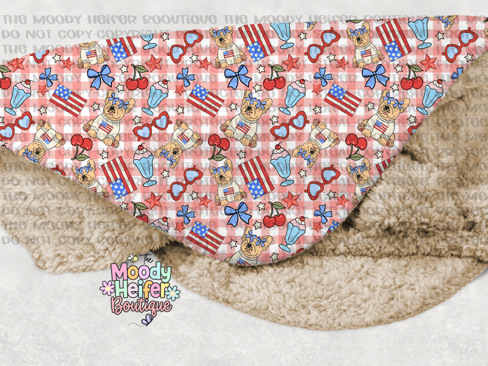 Red, White, Cherry Frenchie Sherpa Blanket
