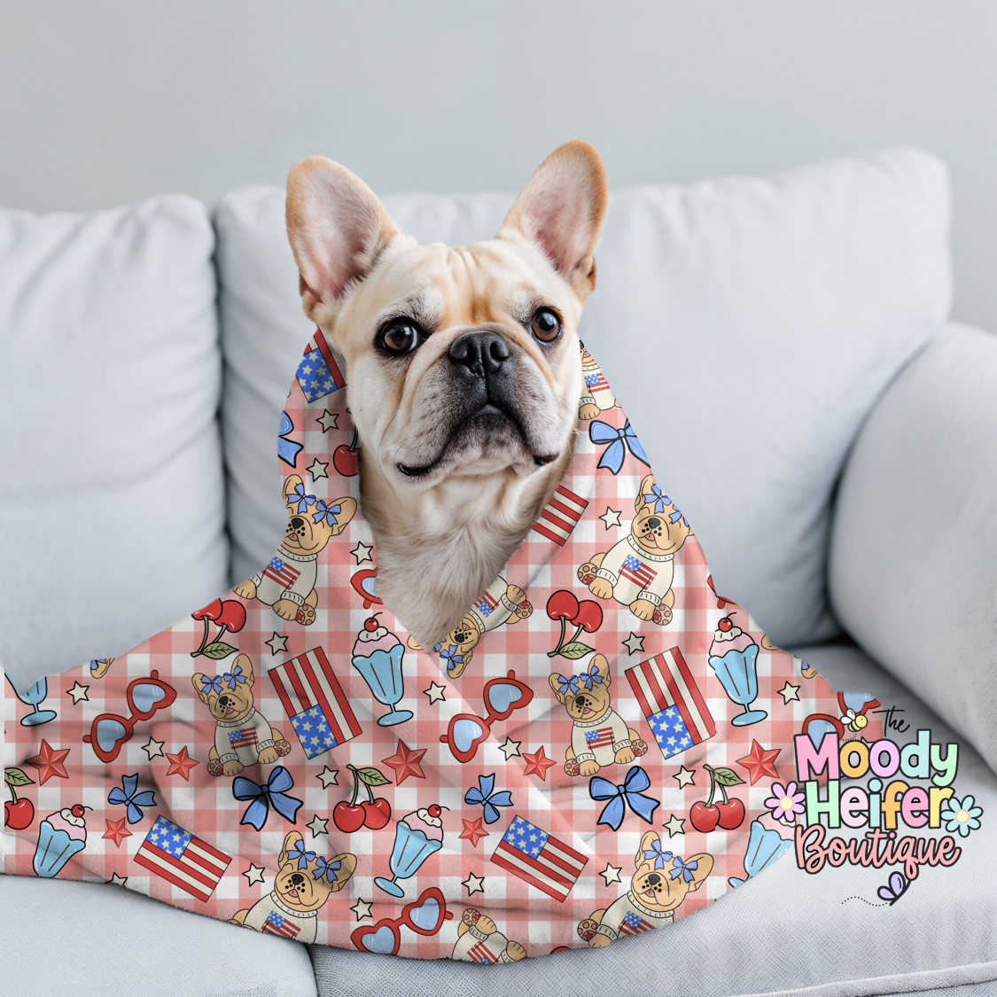 Red, White, Cherry Frenchie Plush Blanket