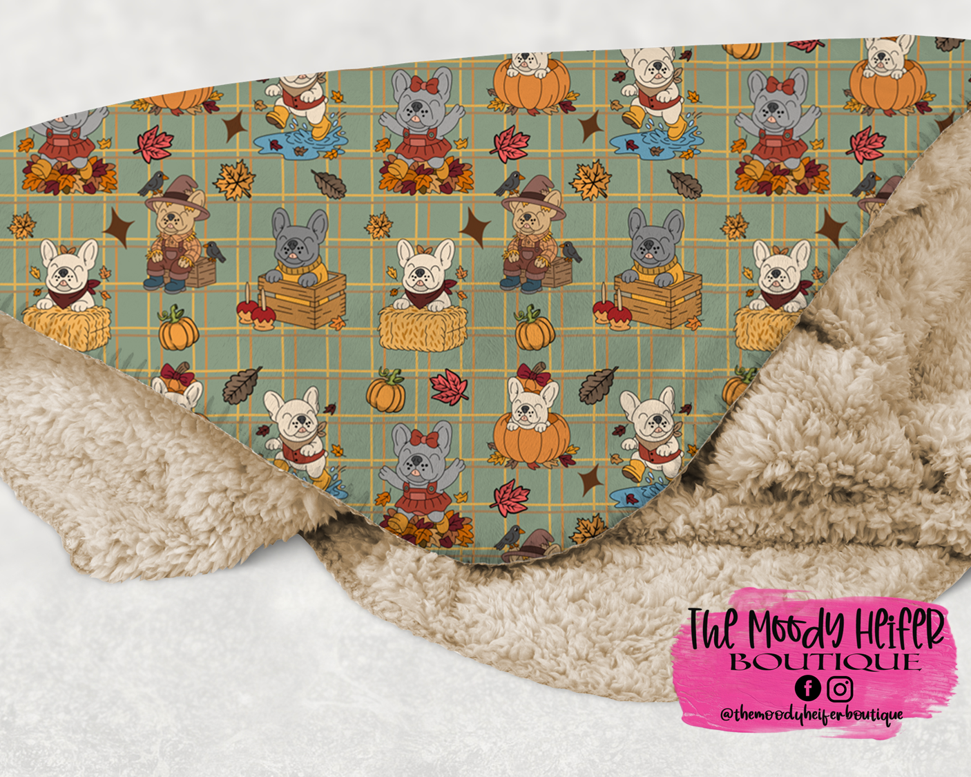 Fall Frenchie Fun sherpa blanket