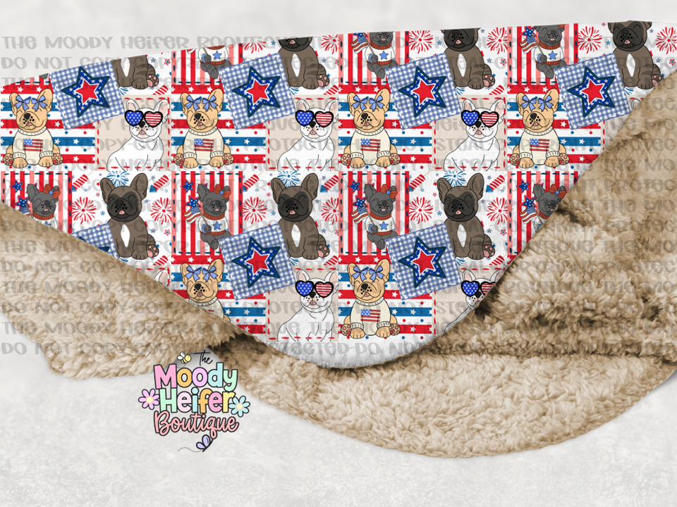 Patriotic Patchwork Frenchie Sherpa Blanket