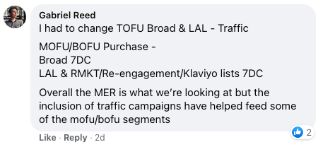 Facebook comment from Gabriel Reed outlining a full-funnel Meta Ads strategy using broad, LAL, and Klaviyo lists across TOFU, MOFU, and BOFU.