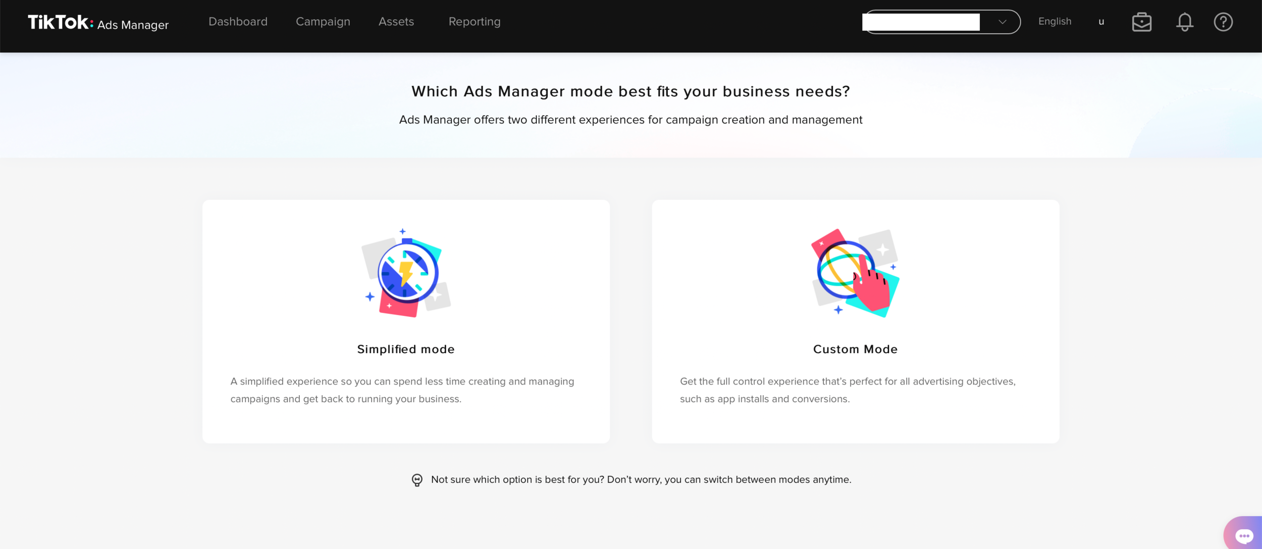 TikTok Ads Manager mode selection screen offering Simplified mode for quick setup or Custom Mode for full campaign control and objectives.