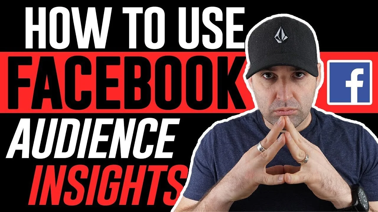 YouTube thumbnail for a video guide on using Facebook Audience Insights, featuring a man in a black cap on a dark red background.