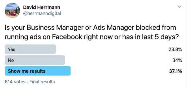 Twitter poll screenshot by David Herrmann asking if Business Manager or Ads Manager is blocked, with 614 total votes shown.