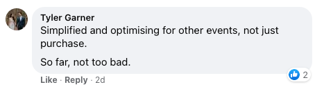 Facebook comment from Tyler Garner about simplifying Meta Ads and optimizing for multiple conversion events beyond just purchases.