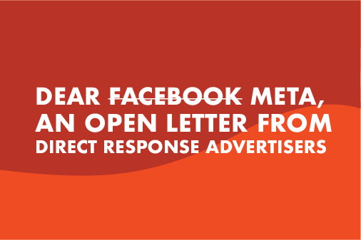 Foxwell Digital slide titled Dear Facebook Meta, An Open Letter from Direct Response Advertisers with Facebook struck through in white text