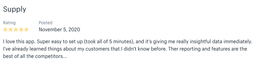 Five-star Supply app review from November 2020 praising quick setup, insightful customer data reporting, and best-in-class features.