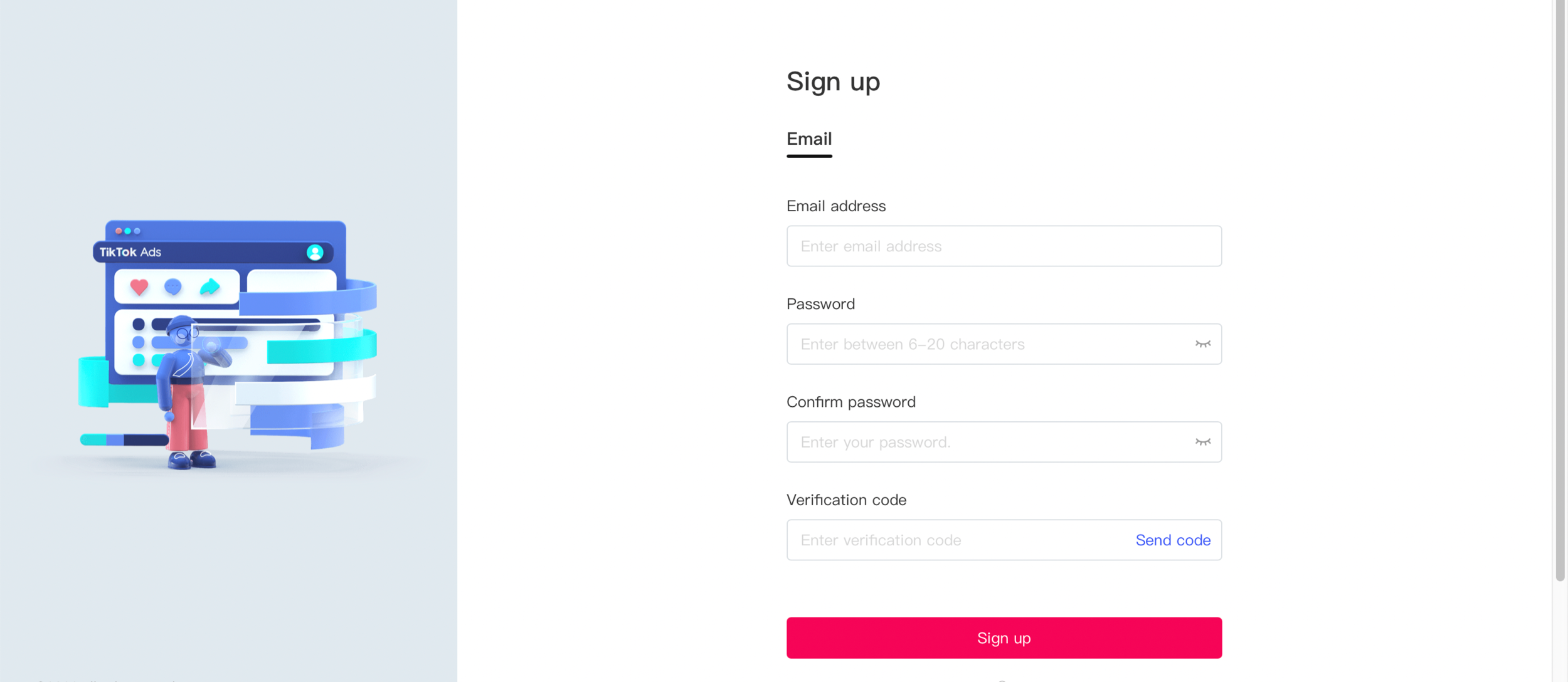 TikTok For Business email sign-up form with fields for email address, password, confirm password, and verification code before registering.