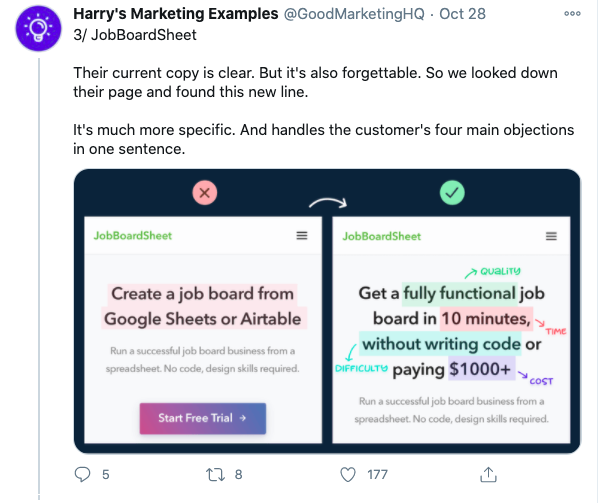 Twitter thread screenshot by Harry's Marketing Examples showing JobBoardSheet landing page copy rewrite addressing key objections.