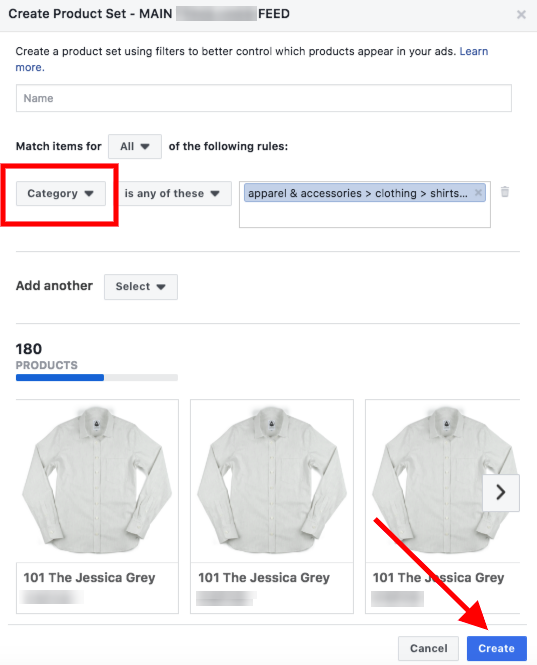 Meta Commerce Manager Create Product Set screenshot with category filter for apparel and accessories showing 180 matching products