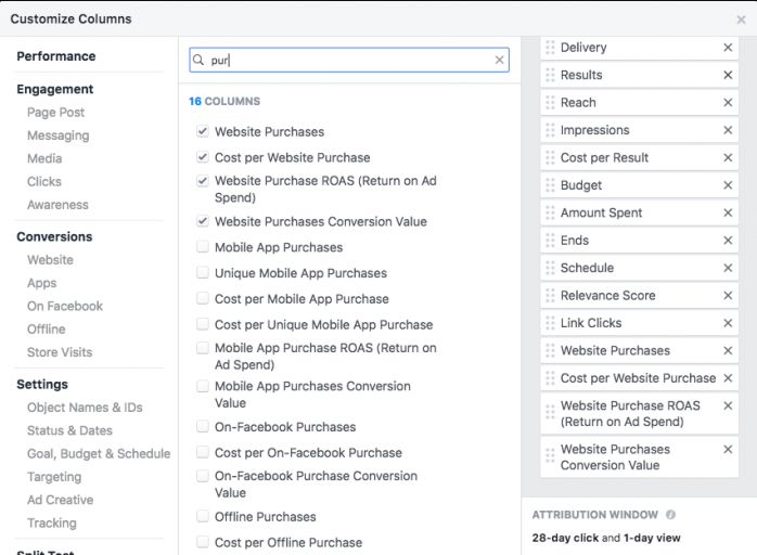 Meta Ads Manager Customize Columns screenshot showing selected purchase metrics and 28-day click attribution window settings