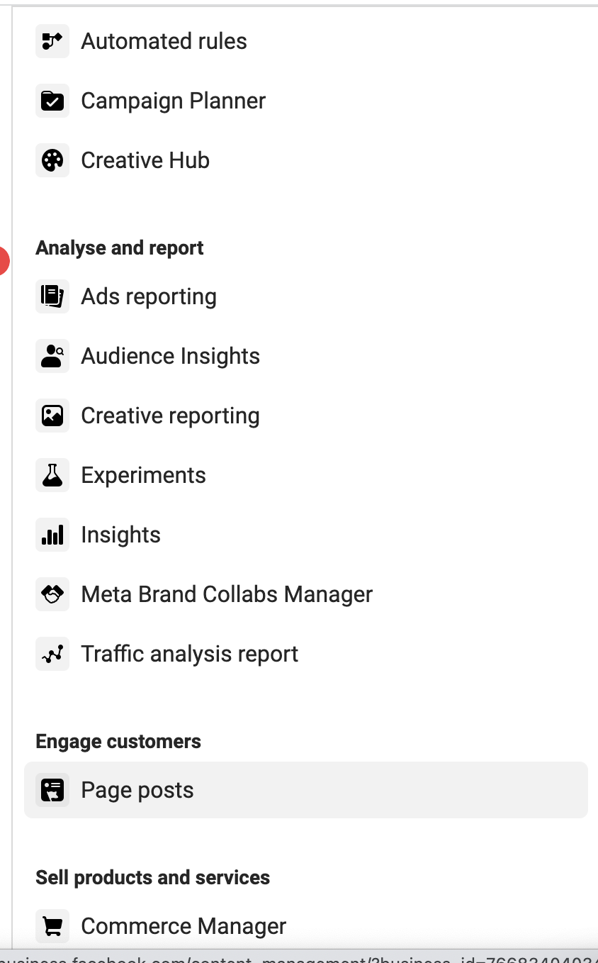 Meta Business Suite navigation menu showing Analyse and Report tools including Ads Reporting, Audience Insights, Experiments, and Insights.