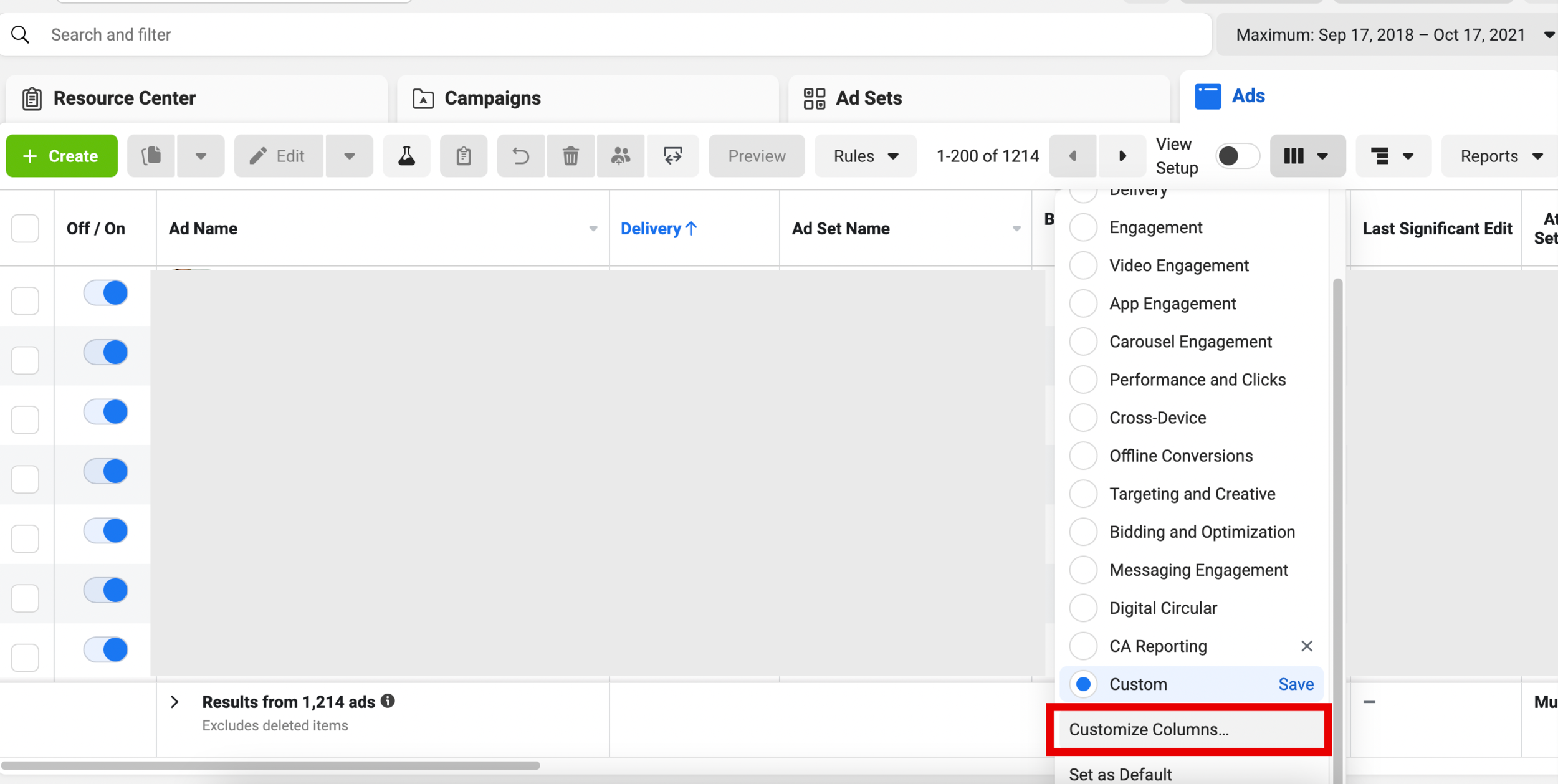Meta Ads Manager ads view showing the column preset dropdown with Customize Columns highlighted and a custom preset selected across 1,214 ads.