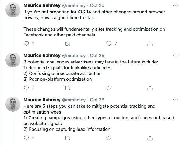 Twitter thread screenshot of Maurice Rahmey covering iOS 14 privacy changes, advertiser challenges, and mitigation strategies.