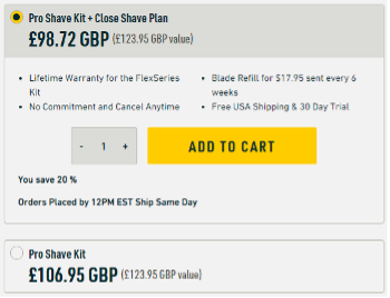 Dollar Shave Club Pro Shave Kit bundle pricing page showing subscription plan savings, blade refill frequency, and add to cart button.
