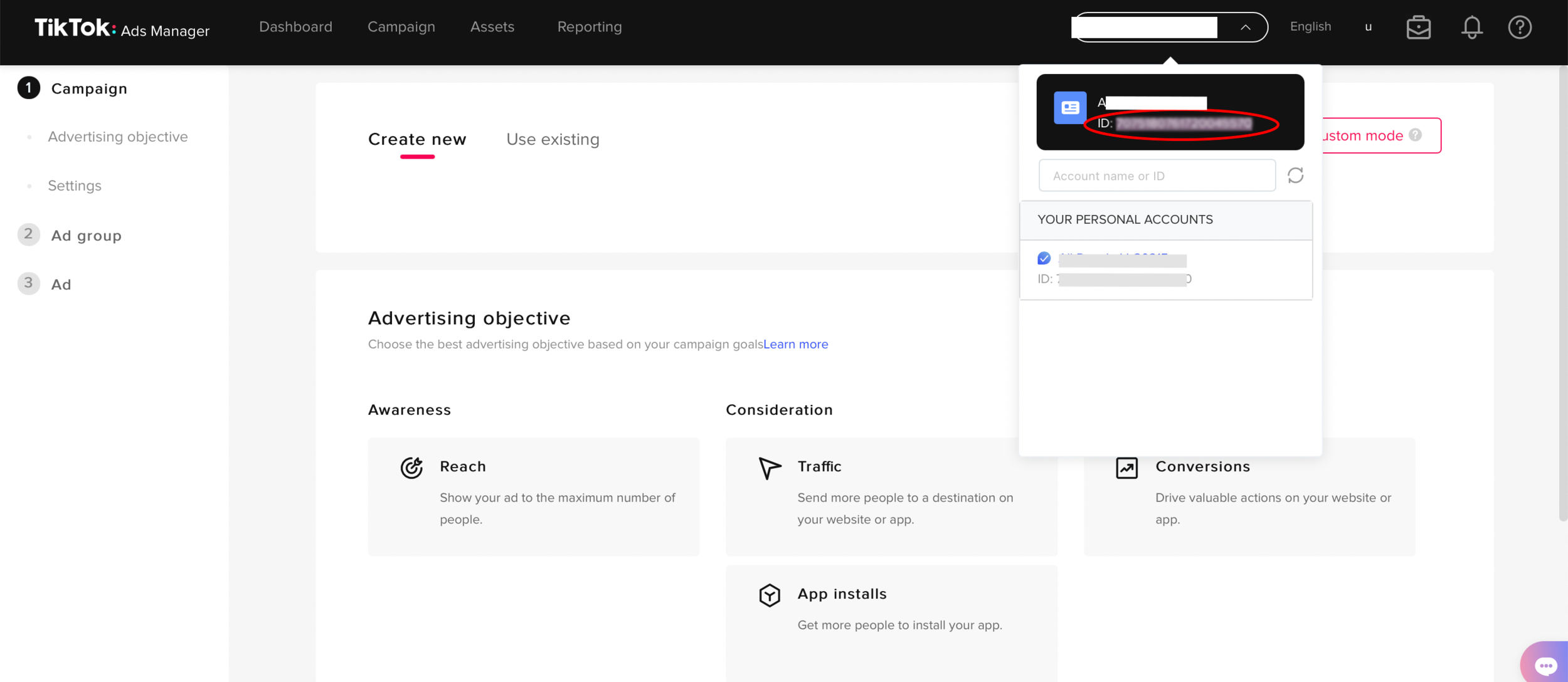 TikTok Ads Manager campaign creation page showing advertising objectives and an account switcher dropdown with the account ID highlighted.