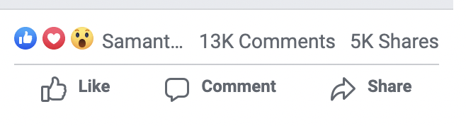 Facebook post engagement showing like, love, and wow reactions with 13K comments and 5K shares, and Like, Comment, and Share action buttons.