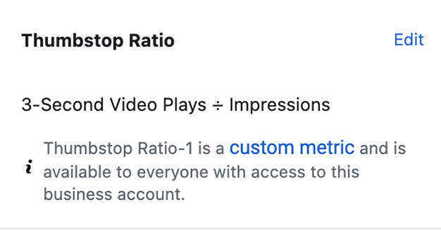 Meta Ads Manager custom metric for Thumbstop Ratio calculated as 3-Second Video Plays divided by Impressions for the business account.