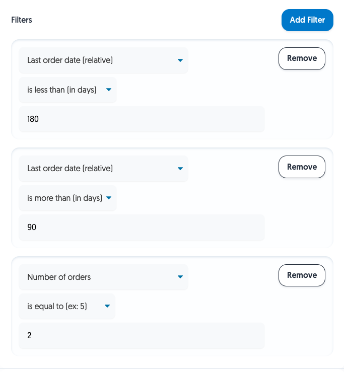 Klaviyo audience filter settings targeting customers with exactly 2 orders and a last order date between 90 and 180 days ago for a segment.