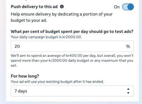 Meta Ads interface showing Push Delivery settings with budget percentage allocation and duration options to prioritize spend on a new ad creative
