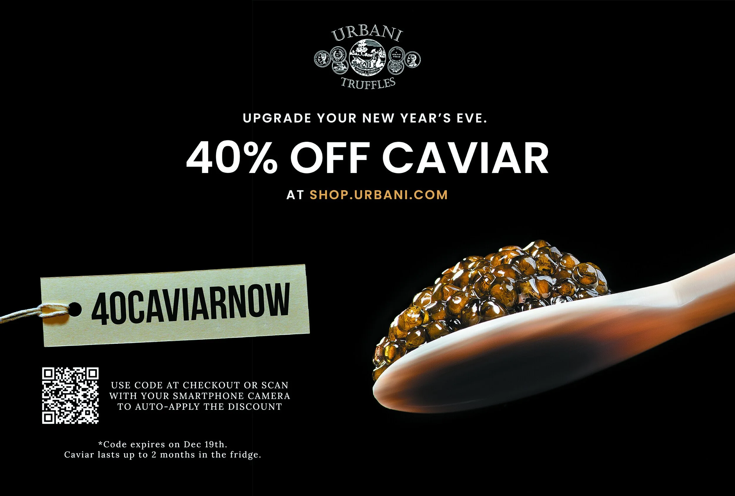 Urbani Truffles New Year's Eve direct mail ad offering 40% off caviar with a discount code and QR code on a dramatic black background.