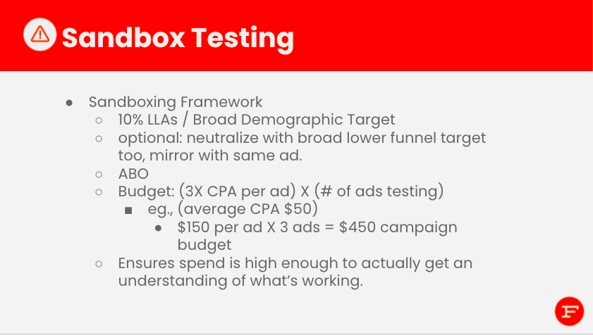 Foxwell Digital sandbox testing framework slide covering ABO budgets, 10% LLAs, broad demographic targeting, and 3X CPA budget formula.