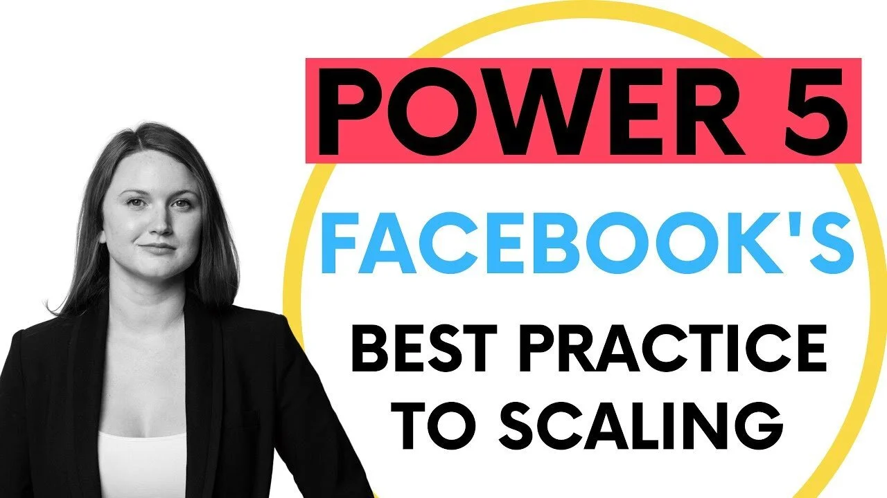YouTube thumbnail for a video on Facebook's Power 5 best practices for scaling ads, featuring a woman in a black blazer on white background.