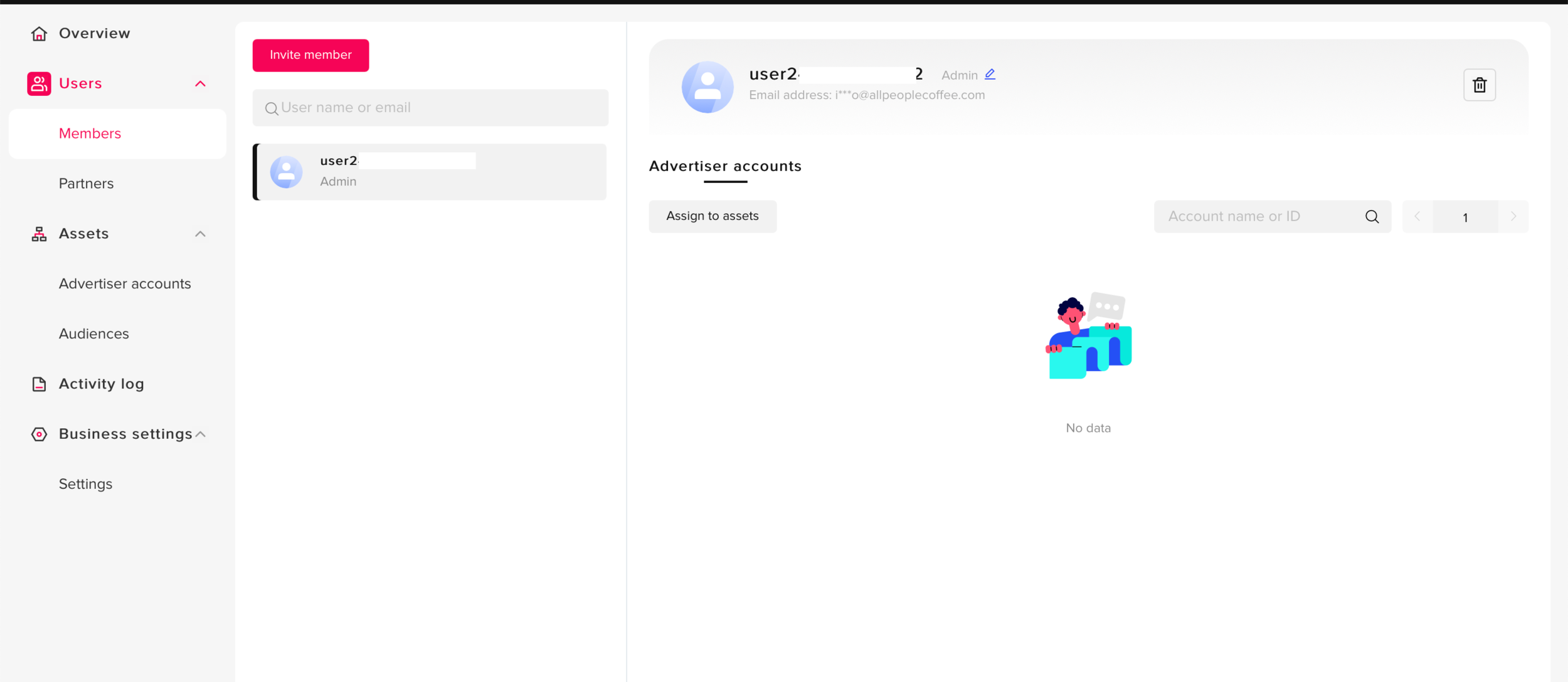 TikTok Business Center Members page showing an admin user profile with no advertiser accounts assigned yet and an Assign to assets button.
