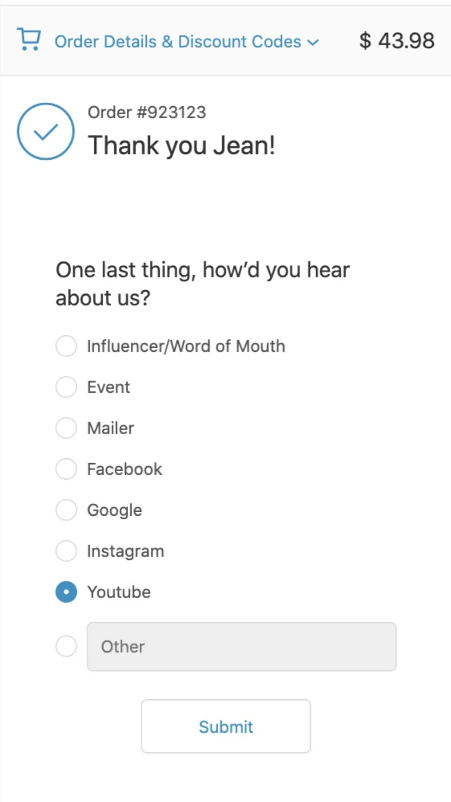 Mobile Shopify order confirmation page showing a post-purchase survey asking how the customer heard about the brand, with YouTube selected.