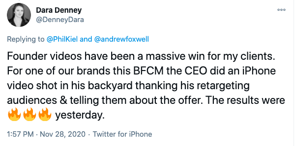 Dara Denney tweet on founder video ad creative driving massive BFCM results using a CEO iPhone video aimed at retargeting audiences.