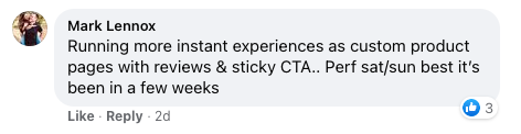 Facebook comment from Mark Lennox about running Meta Instant Experiences as custom product pages with reviews and sticky CTAs on weekends.