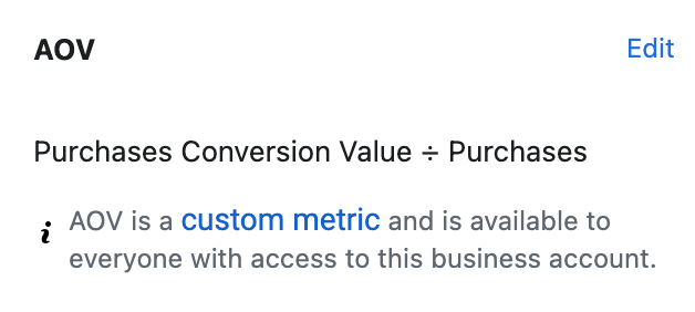 Meta Ads Manager custom metric definition for AOV calculated as Purchases Conversion Value divided by Purchases for the business account.