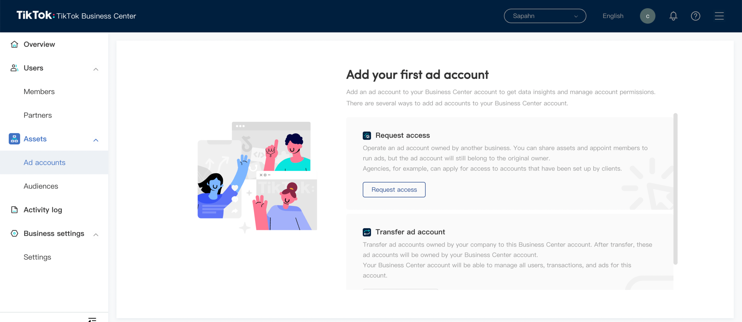 TikTok Business Center ad accounts setup page showing options to request access or transfer an ad account to a Business Center account.