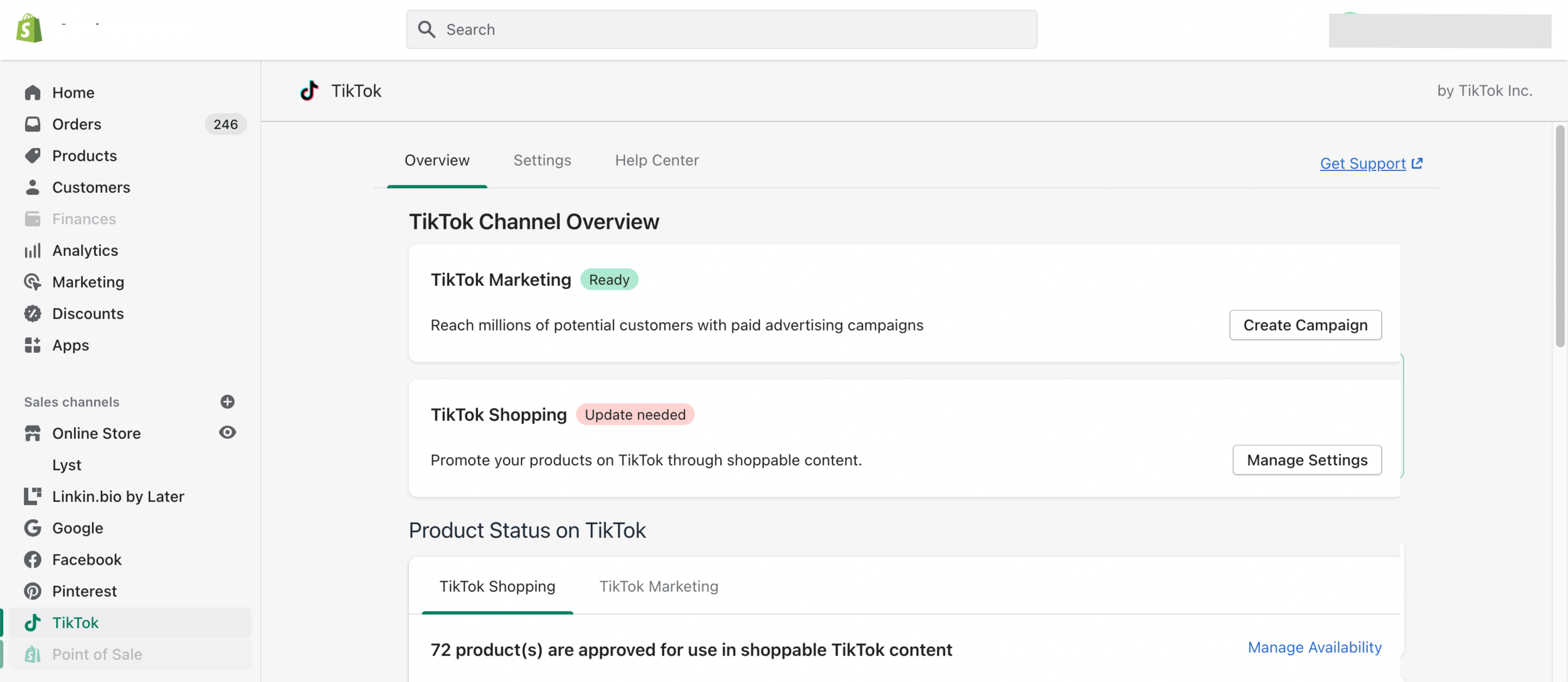 Shopify TikTok channel overview showing TikTok Marketing as ready and TikTok Shopping needing an update with 72 approved products.