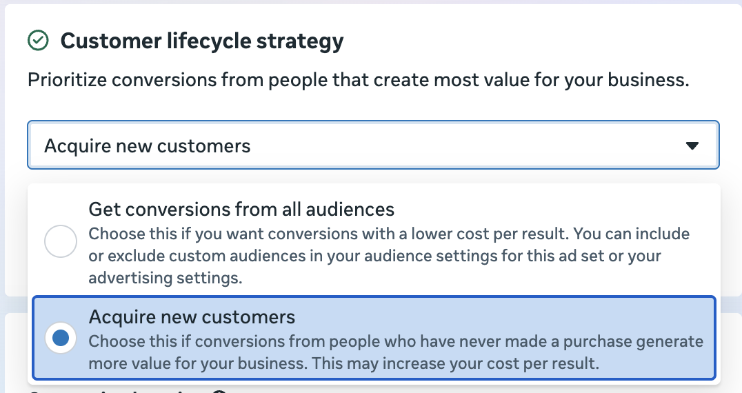 Meta Ads Manager showing the Customer Lifecycle Strategy dropdown with "Acquire New Customers" selected.
